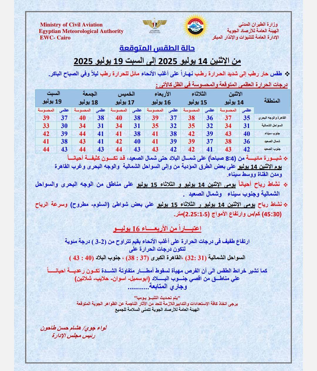قد تكون صورة ‏‏كعب تذكرة‏ و‏تحتوي على النص '‏Aviation Civil Ministry Authority Metenrological Egyptian وزارة الطيران المننى الميكر للتبزا المتوقعة الإثنين 14 يوليو 2025 إلى السبت 19 يوليو 2025 نهرأ مائل السبت الجمعة الخميس الأربعاء العظم الاثنين يرجات الحراز 34 المنطفة المحموسة 37 35 والى الثلاثاء شواطئ -(السنوم- مطروح) وسرعة الرياح الصعيد الثلاثاء 51بويو علي رياح أحيانا الشمالية وجنوب سيناء نشاط رياح 스 الاشين 14 (45:30) وارتفاع الأمواج 3-2) البلاد 40) (43 لتكون الگبرى :37) (38 الشمالية 31) الطقَس الى الفرص مهياة لسقوط أمطار متفاوتة الشدة تكون عدية احباناً علي مناطق اقصي جنوب البلاد ابوممبل- -حلایب (شلائين وجاري تحديث الشبو تشیر لاستعادات لواء جوي/ مجلس الإنارة برچي‏'‏‏